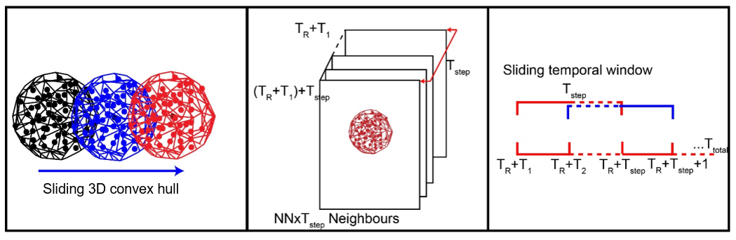 combination of spherical spatial neighborhoods and temporal window neighborhood spatiotemporal neighborhood