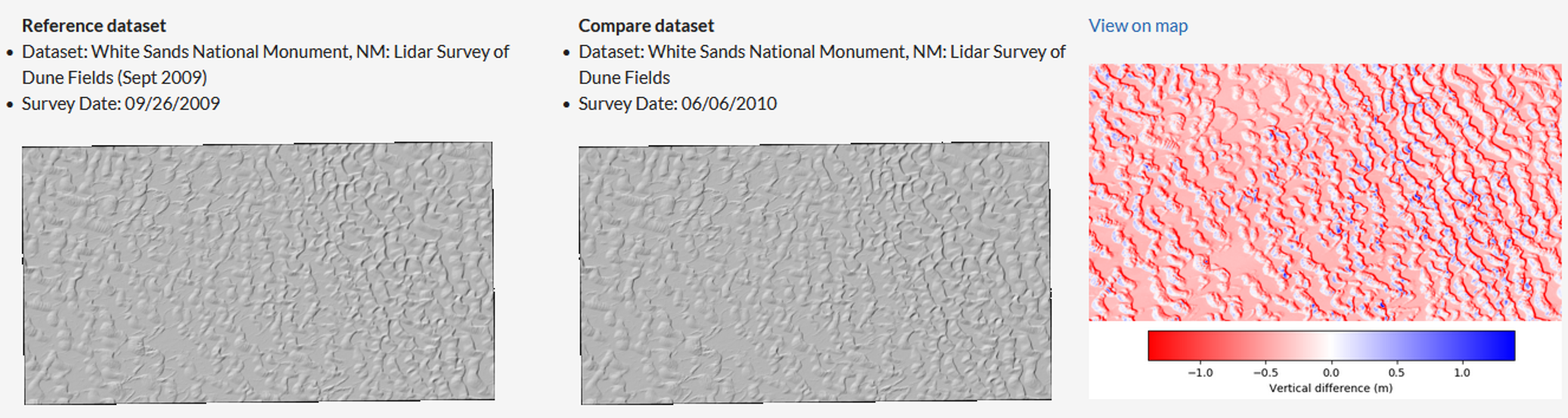 Result of on-demand topographic differencing in OpenTopography showing the hillshades of terrain elevation for each LiDAR survey (left and middle), and resulting vertical differences (right) OpenTopo, hillshade & vertical differences